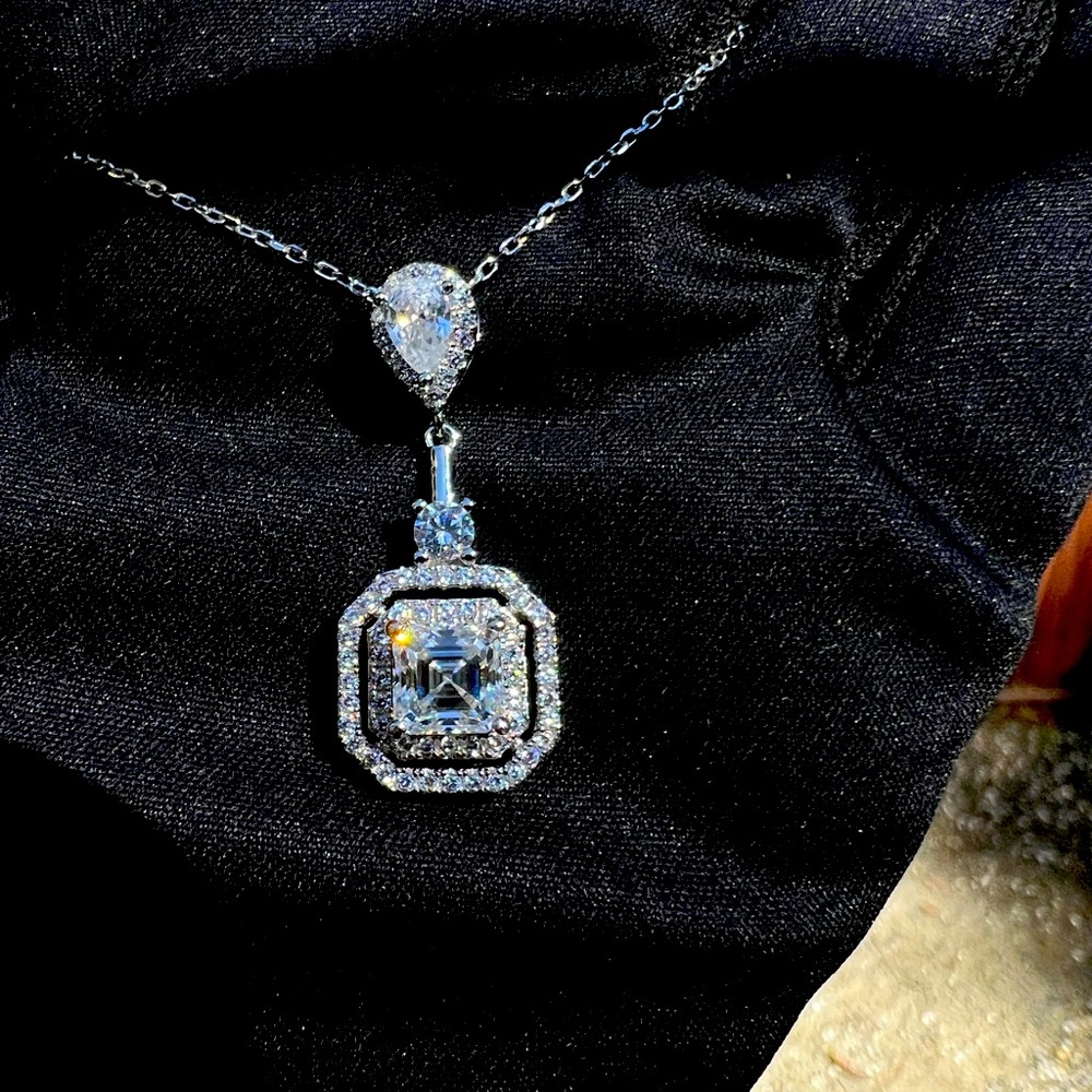 New Moissanite Asscher Cut Necklace 1.2CT, 18K White Gold Plated Sterling Silver